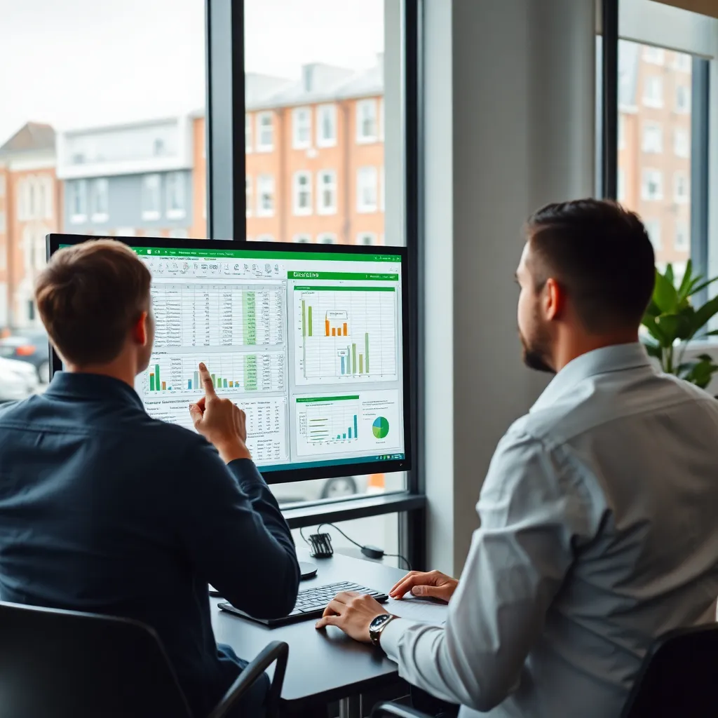 Professionele werkomgeving met Excel-analyse op scherm